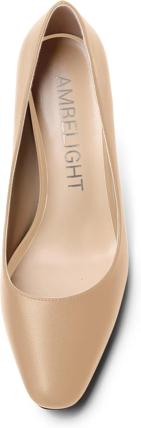 AMBELIGHT Womens Slip On Solid Evening Square Toe Matte Dress Stiletto High Heel Pumps Shoes 3.3 Inch