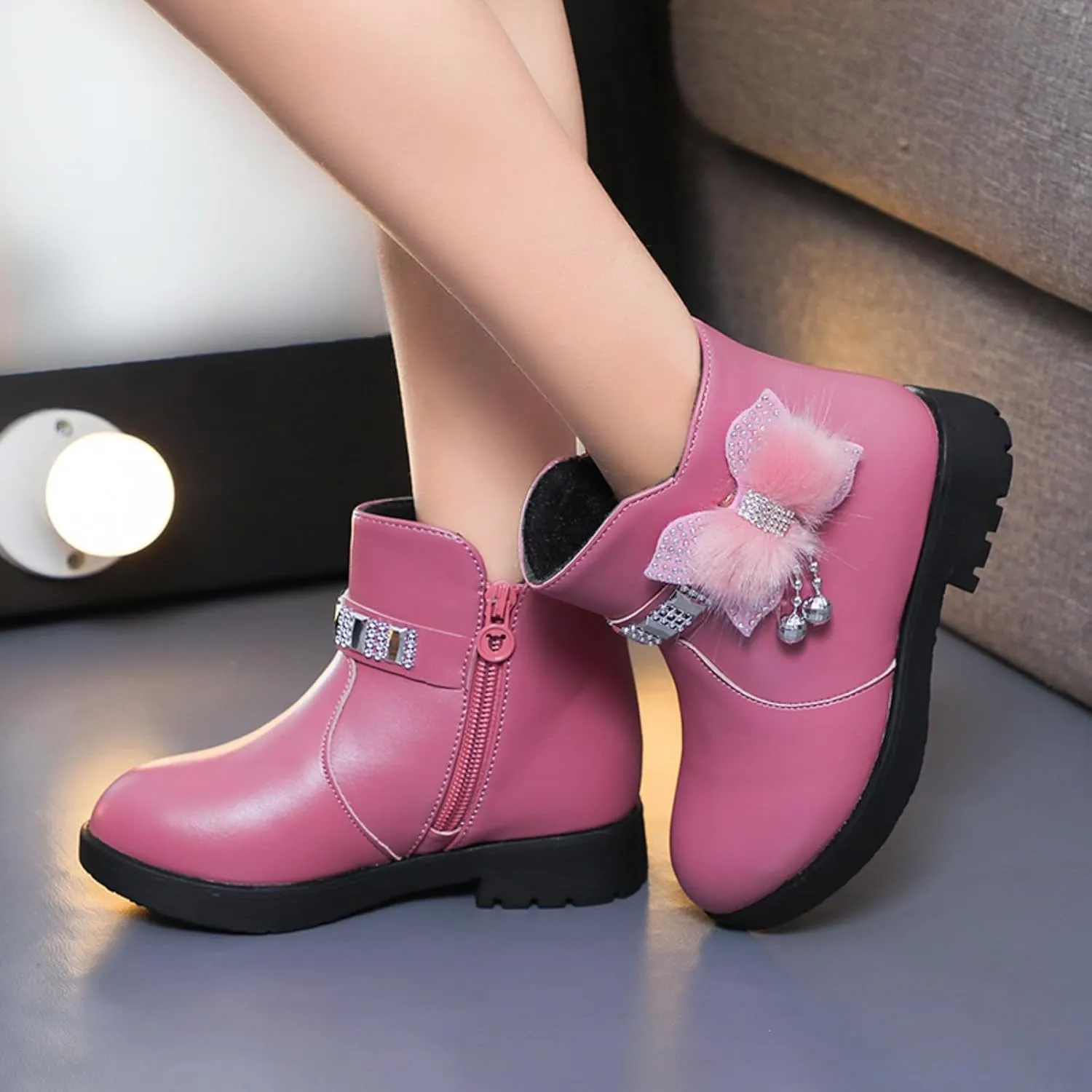 Ankle Boots for Girls Kids Ankle Booties Comfortable Slip on Lug Sole Short Booties Side Zipper Bowknot Dress Shoes
