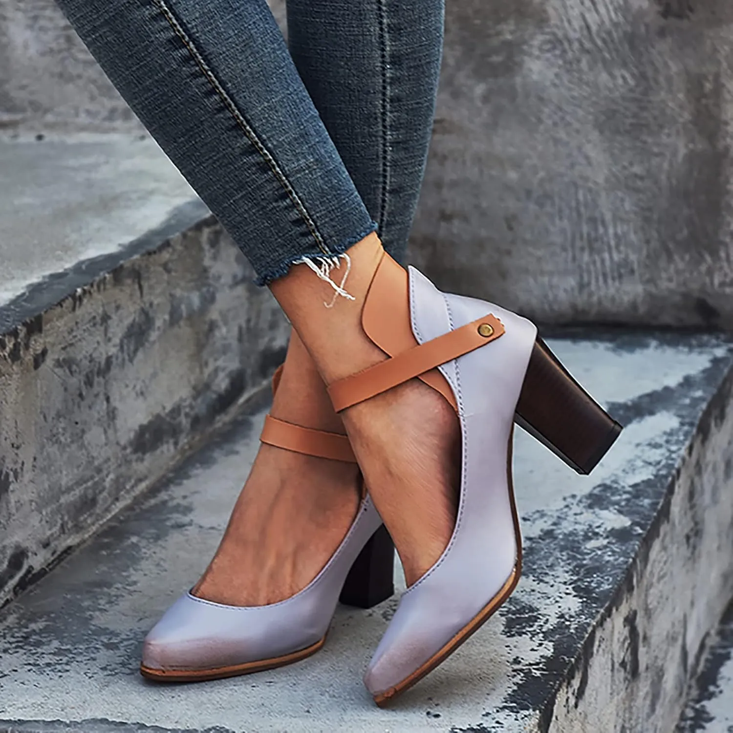 Block Heels Sandals for Women Fashion Pointed Toe Metal Buckle Strap Backless Square Heel Shoes Summer Solid Color Casual Office High Heels