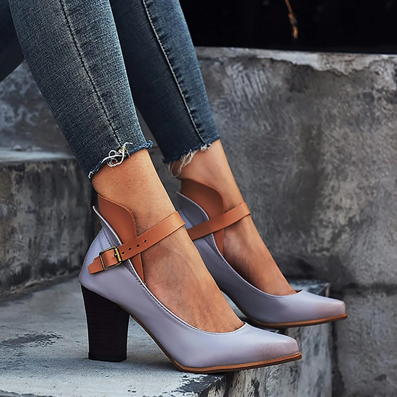Block Heels Sandals for Women Fashion Pointed Toe Metal Buckle Strap Backless Square Heel Shoes Summer Solid Color Casual Office High Heels