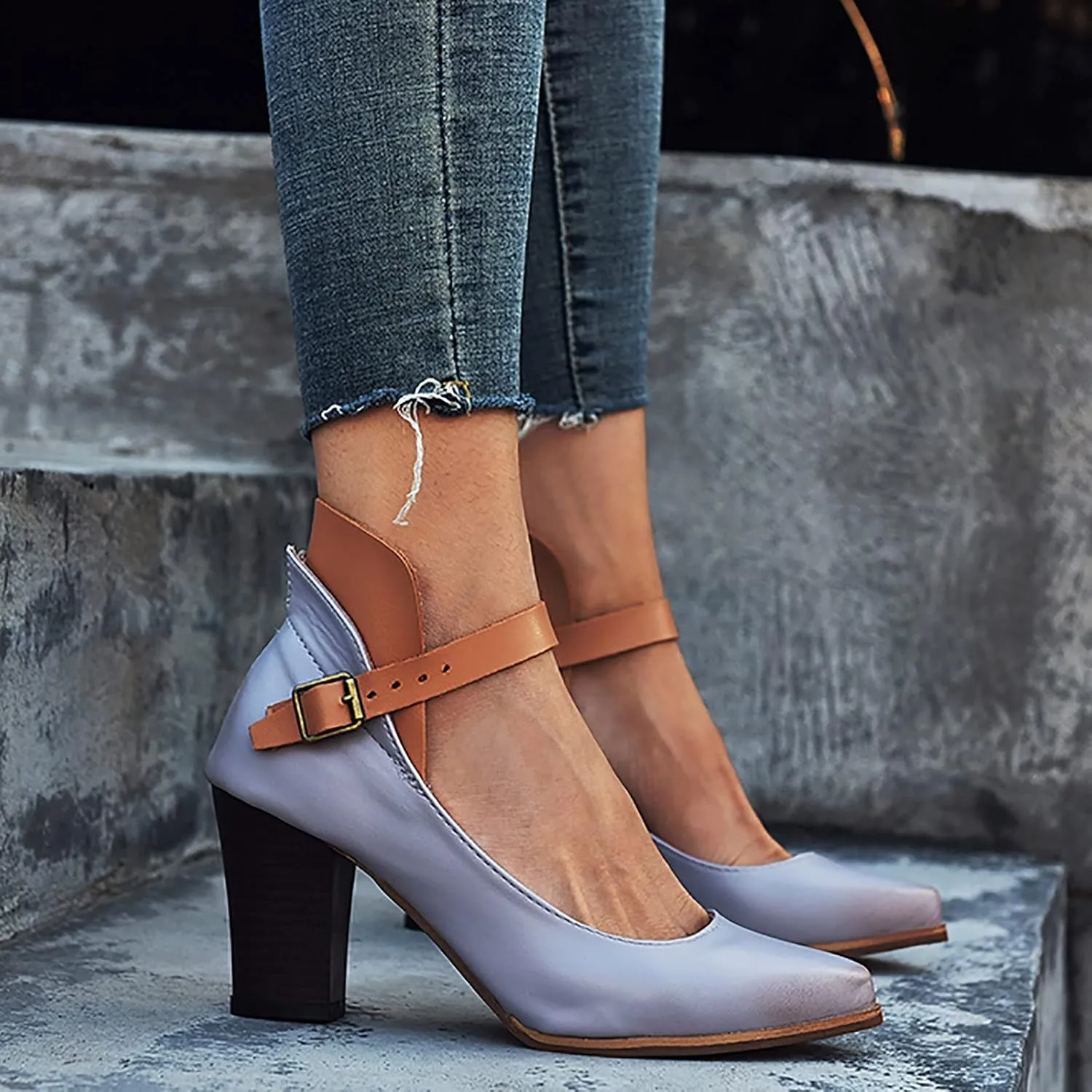 Block Heels Sandals for Women Fashion Pointed Toe Metal Buckle Strap Backless Square Heel Shoes Summer Solid Color Casual Office High Heels