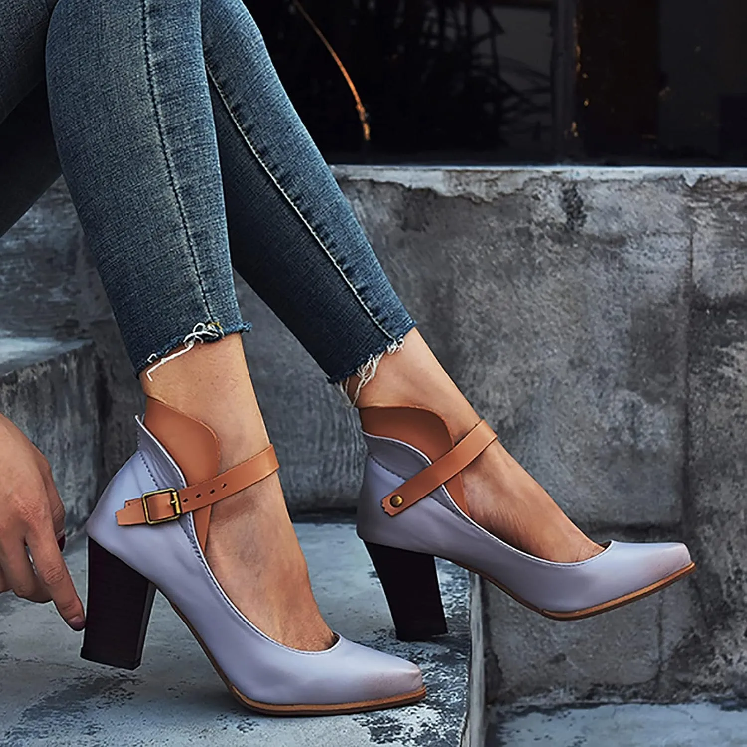 Block Heels Sandals for Women Fashion Pointed Toe Metal Buckle Strap Backless Square Heel Shoes Summer Solid Color Casual Office High Heels