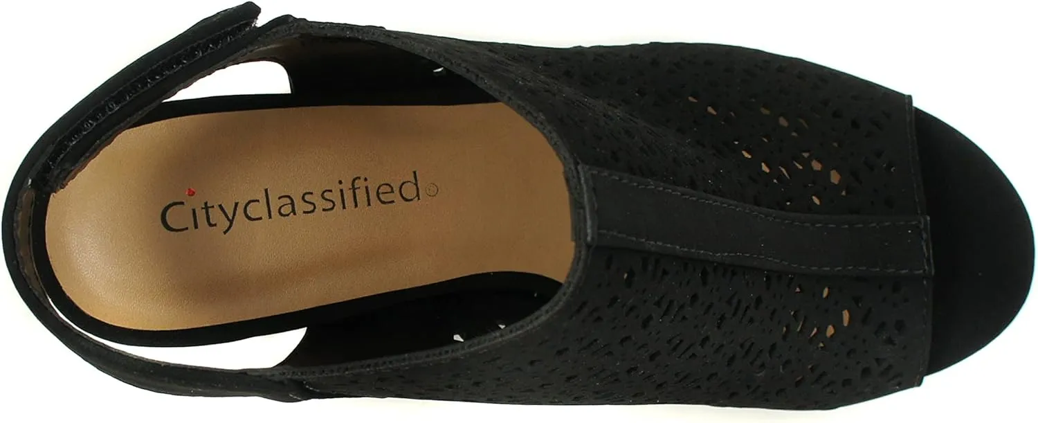 CITYCLASSIFIED Elect ~ Womens Peep Toe Laser Cut Geometric Caged Slingback Ankle Strap Low Stacked Heel Ankle Bootie