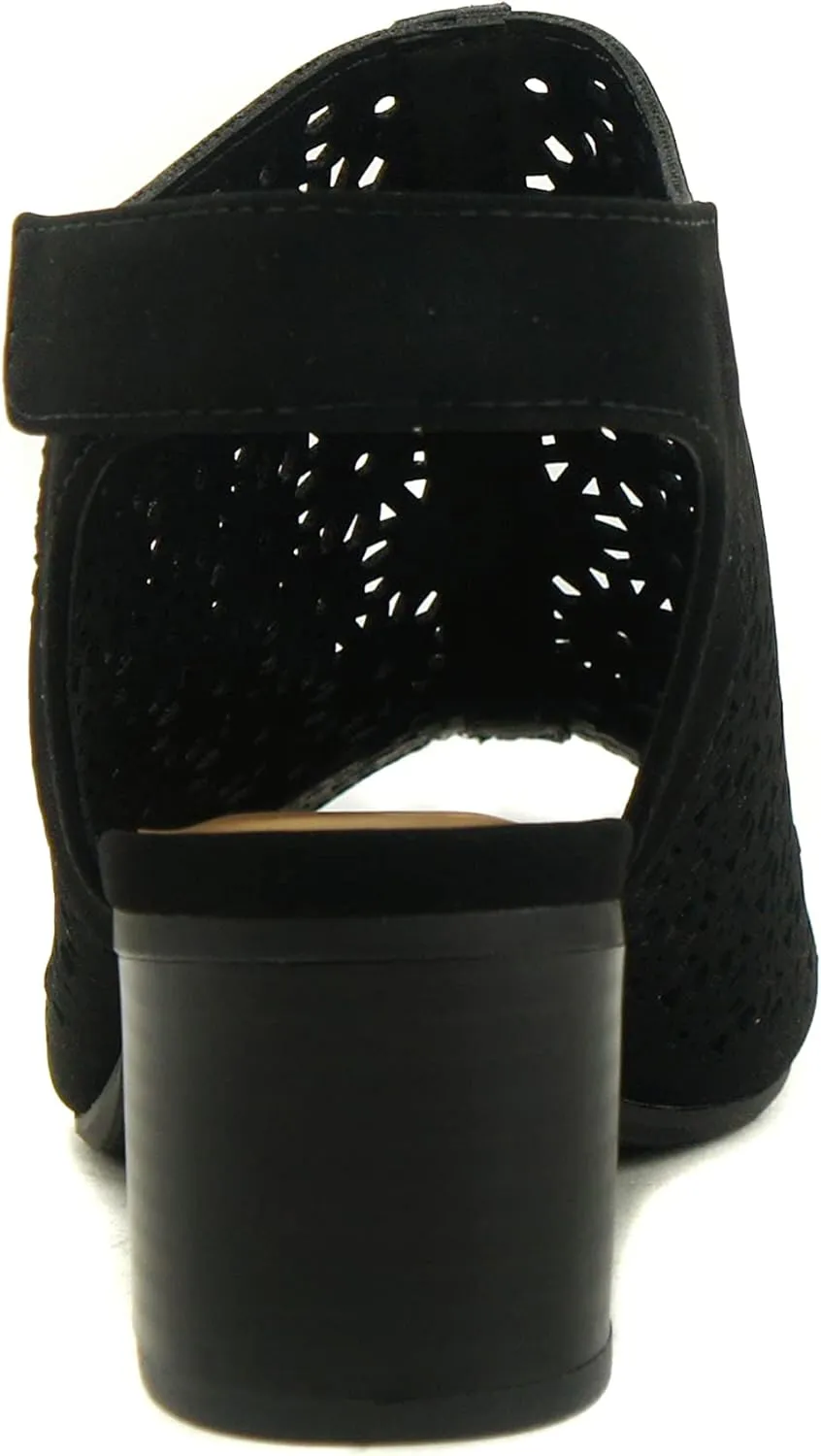 CITYCLASSIFIED Elect ~ Womens Peep Toe Laser Cut Geometric Caged Slingback Ankle Strap Low Stacked Heel Ankle Bootie