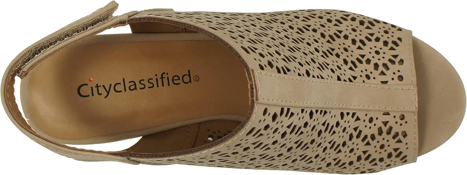 CITYCLASSIFIED Elect ~ Womens Peep Toe Laser Cut Geometric Caged Slingback Ankle Strap Low Stacked Heel Ankle Bootie