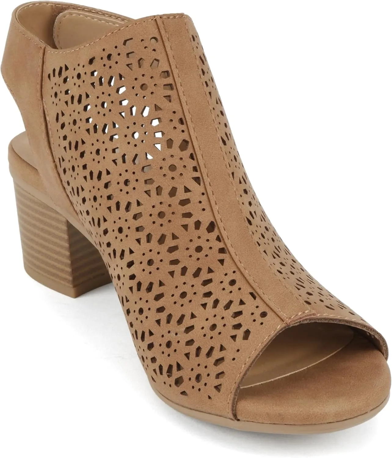 CITYCLASSIFIED Elect ~ Womens Peep Toe Laser Cut Geometric Caged Slingback Ankle Strap Low Stacked Heel Ankle Bootie