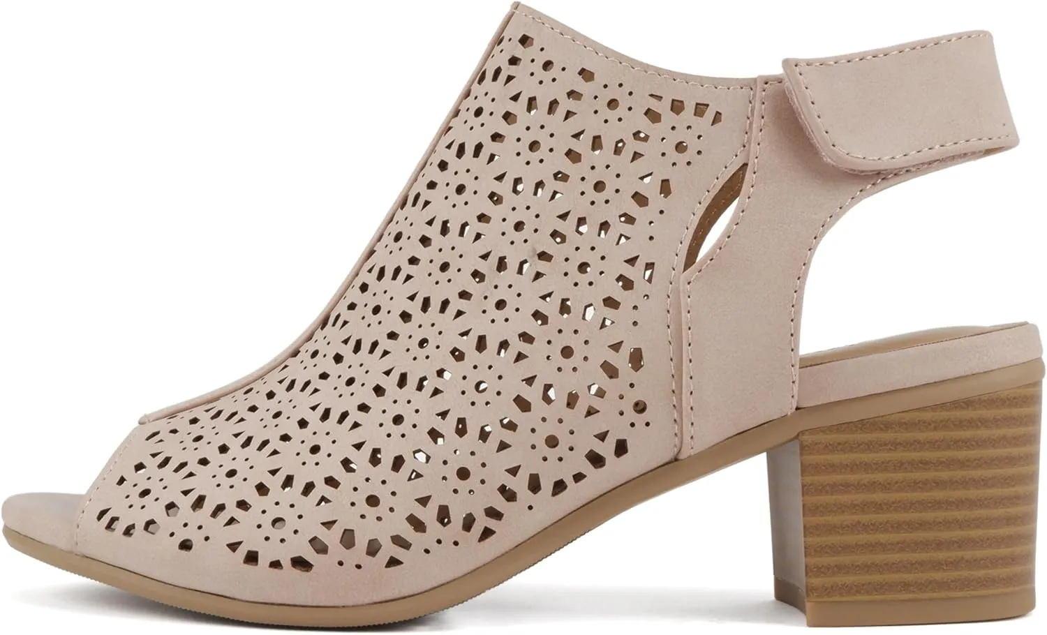 CITYCLASSIFIED Elect ~ Womens Peep Toe Laser Cut Geometric Caged Slingback Ankle Strap Low Stacked Heel Ankle Bootie