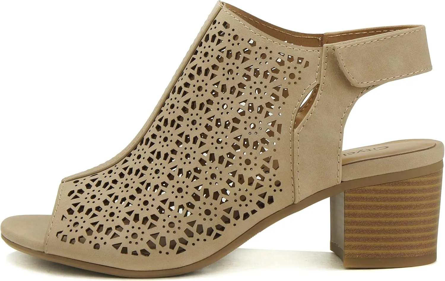 CITYCLASSIFIED Elect ~ Womens Peep Toe Laser Cut Geometric Caged Slingback Ankle Strap Low Stacked Heel Ankle Bootie