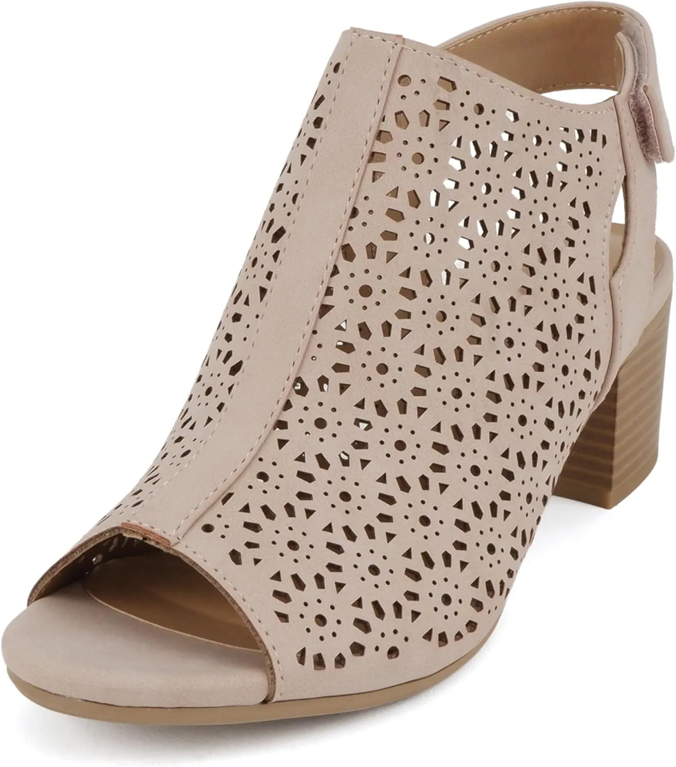 CITYCLASSIFIED Elect ~ Womens Peep Toe Laser Cut Geometric Caged Slingback Ankle Strap Low Stacked Heel Ankle Bootie