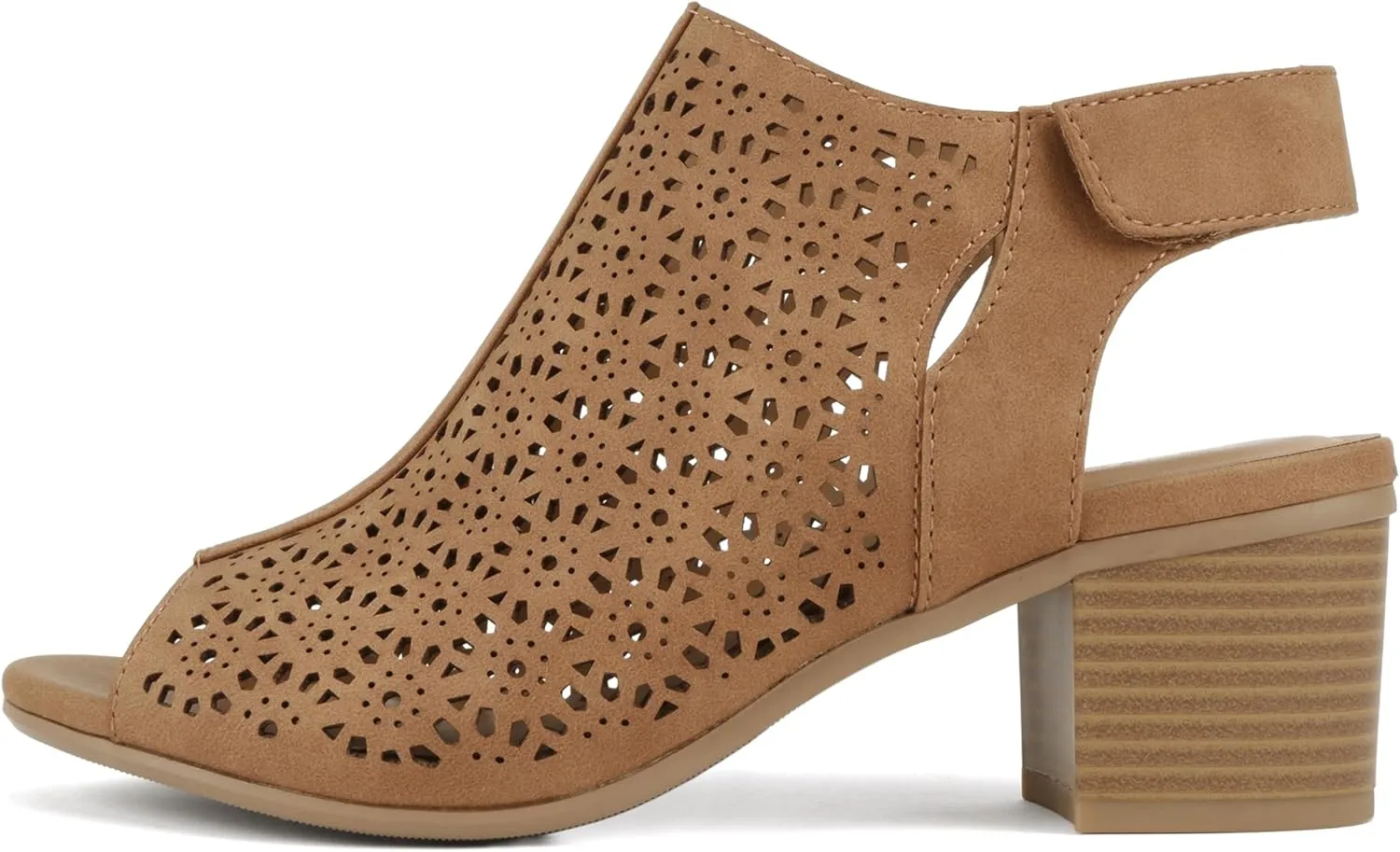 CITYCLASSIFIED Elect ~ Womens Peep Toe Laser Cut Geometric Caged Slingback Ankle Strap Low Stacked Heel Ankle Bootie