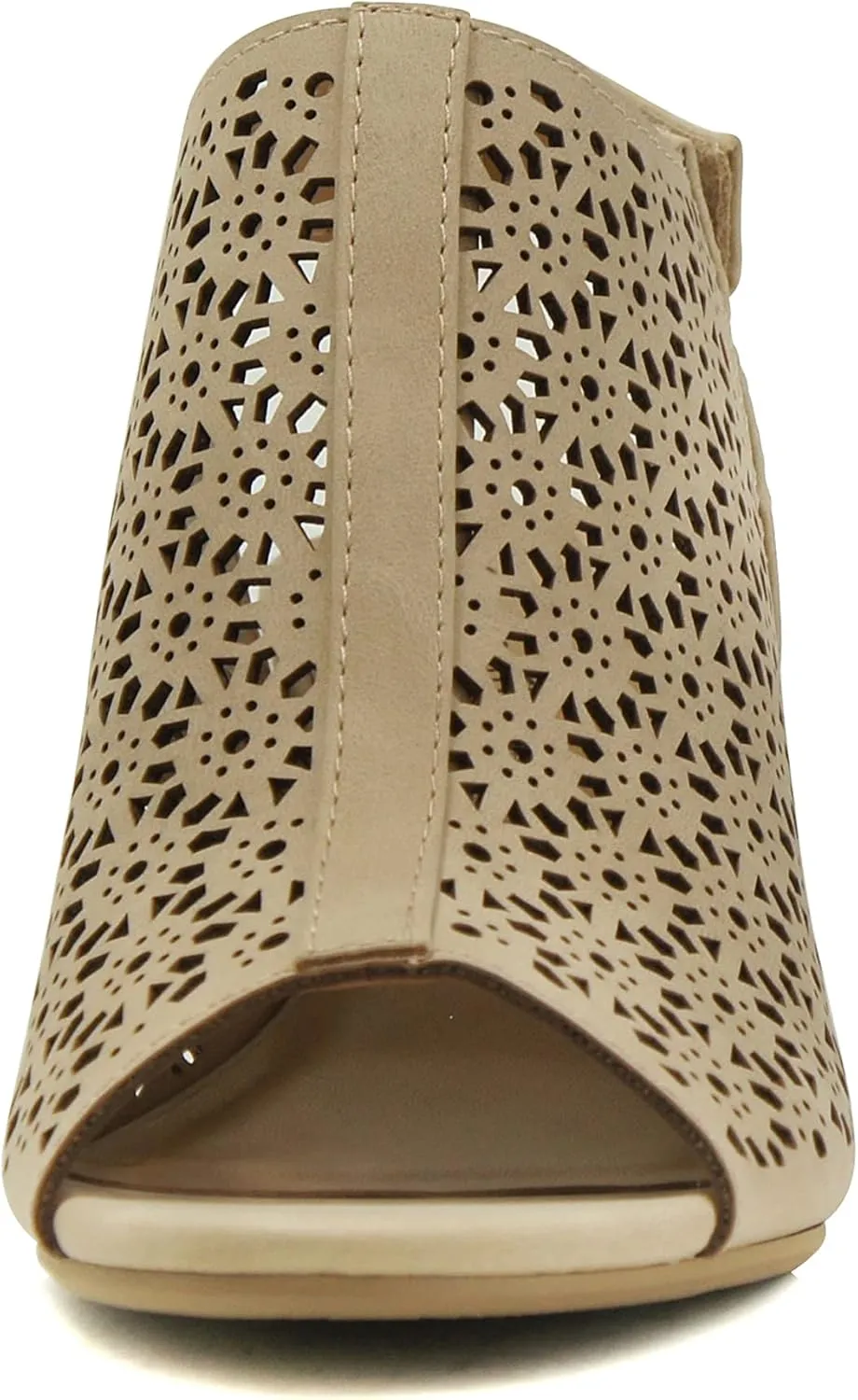 CITYCLASSIFIED Elect ~ Womens Peep Toe Laser Cut Geometric Caged Slingback Ankle Strap Low Stacked Heel Ankle Bootie
