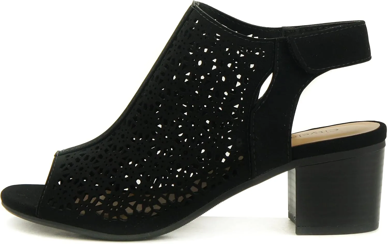CITYCLASSIFIED Elect ~ Womens Peep Toe Laser Cut Geometric Caged Slingback Ankle Strap Low Stacked Heel Ankle Bootie