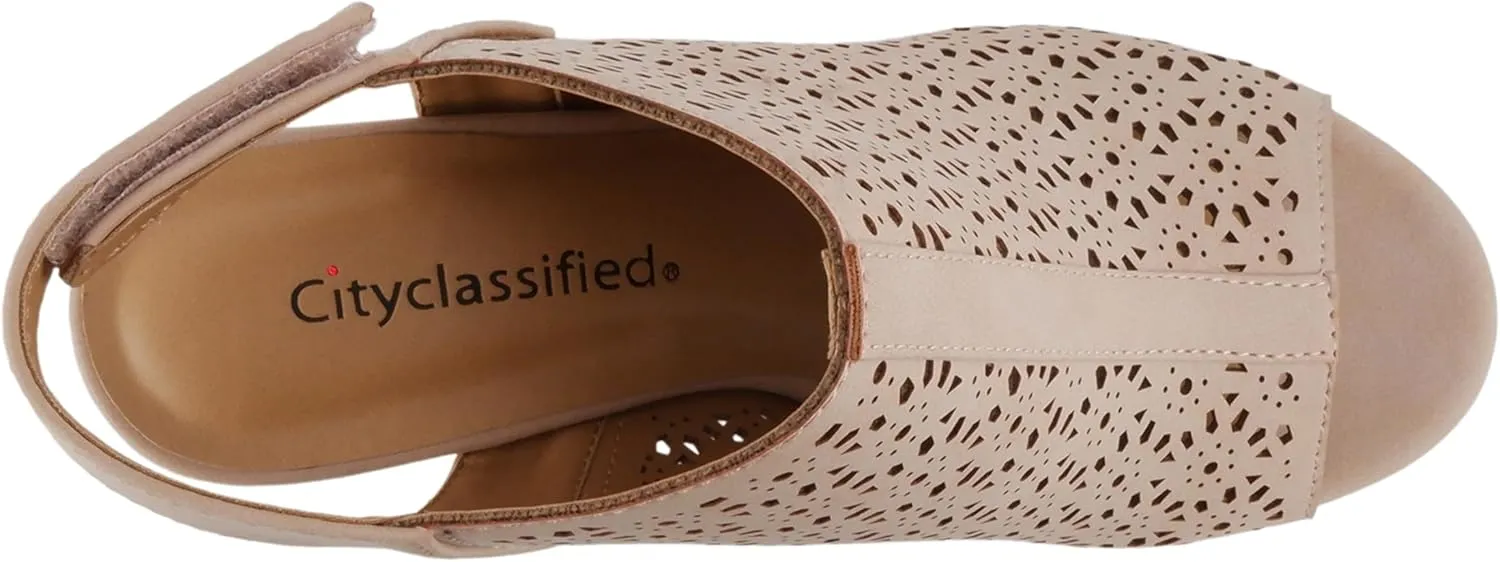 CITYCLASSIFIED Elect ~ Womens Peep Toe Laser Cut Geometric Caged Slingback Ankle Strap Low Stacked Heel Ankle Bootie
