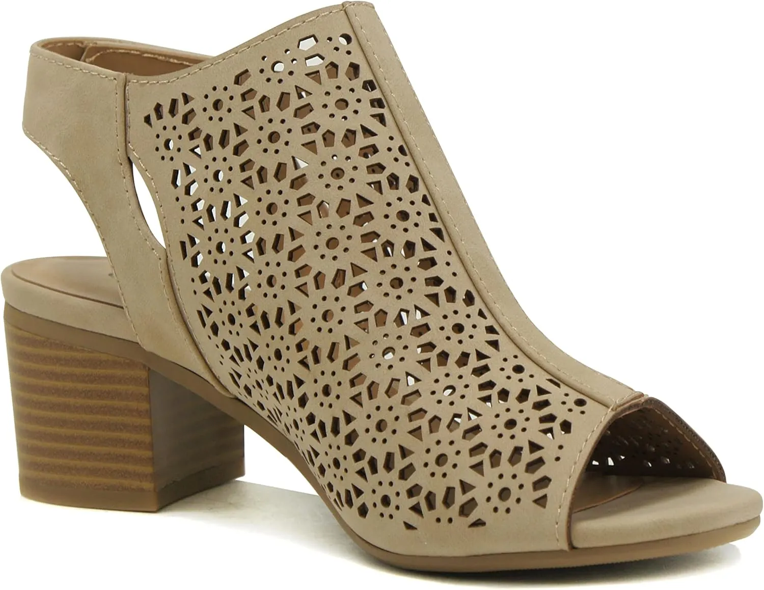 CITYCLASSIFIED Elect ~ Womens Peep Toe Laser Cut Geometric Caged Slingback Ankle Strap Low Stacked Heel Ankle Bootie