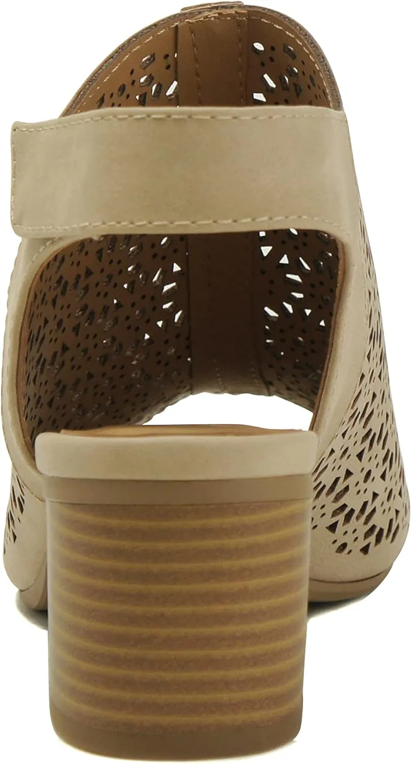 CITYCLASSIFIED Elect ~ Womens Peep Toe Laser Cut Geometric Caged Slingback Ankle Strap Low Stacked Heel Ankle Bootie