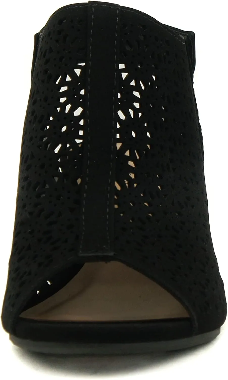 CITYCLASSIFIED Elect ~ Womens Peep Toe Laser Cut Geometric Caged Slingback Ankle Strap Low Stacked Heel Ankle Bootie