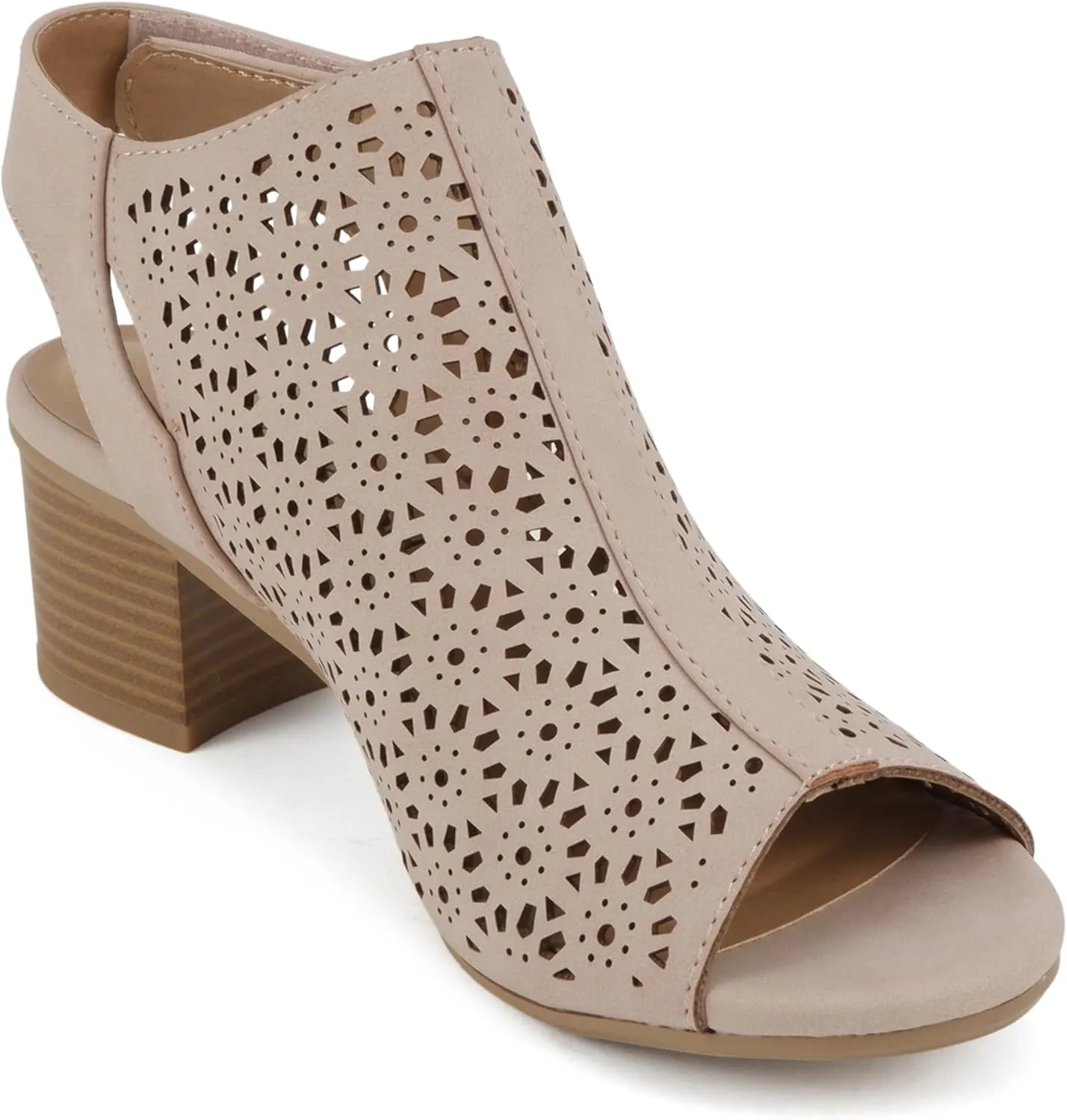 CITYCLASSIFIED Elect ~ Womens Peep Toe Laser Cut Geometric Caged Slingback Ankle Strap Low Stacked Heel Ankle Bootie