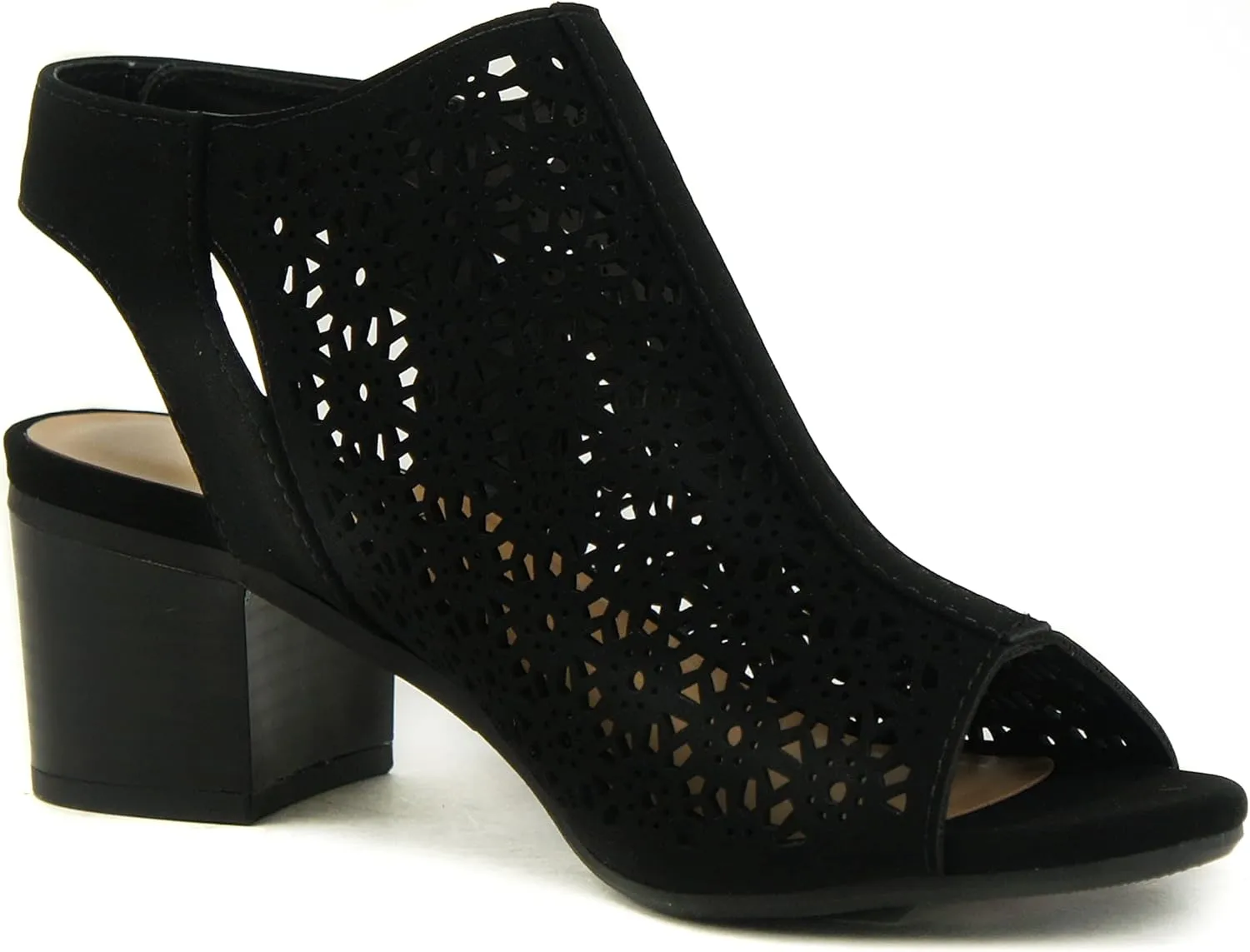 CITYCLASSIFIED Elect ~ Womens Peep Toe Laser Cut Geometric Caged Slingback Ankle Strap Low Stacked Heel Ankle Bootie