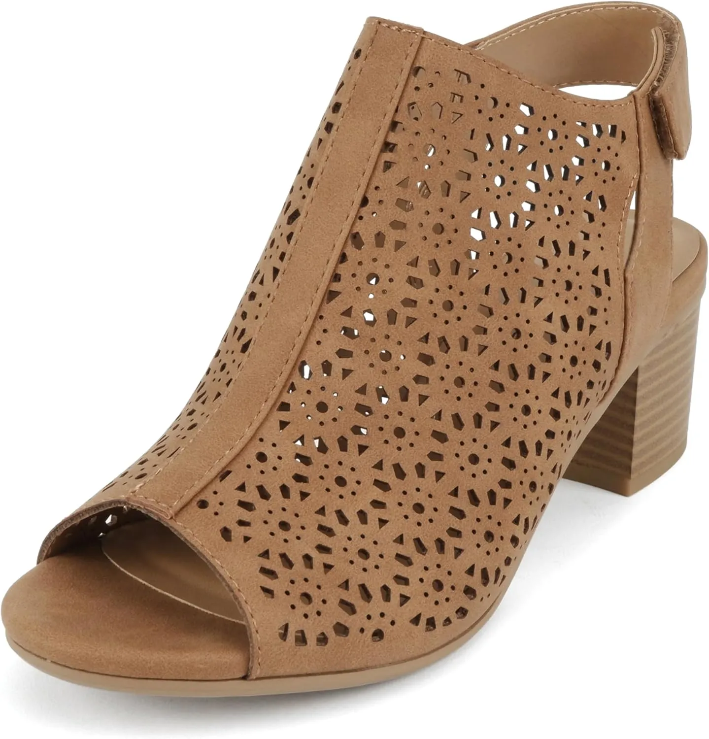 CITYCLASSIFIED Elect ~ Womens Peep Toe Laser Cut Geometric Caged Slingback Ankle Strap Low Stacked Heel Ankle Bootie
