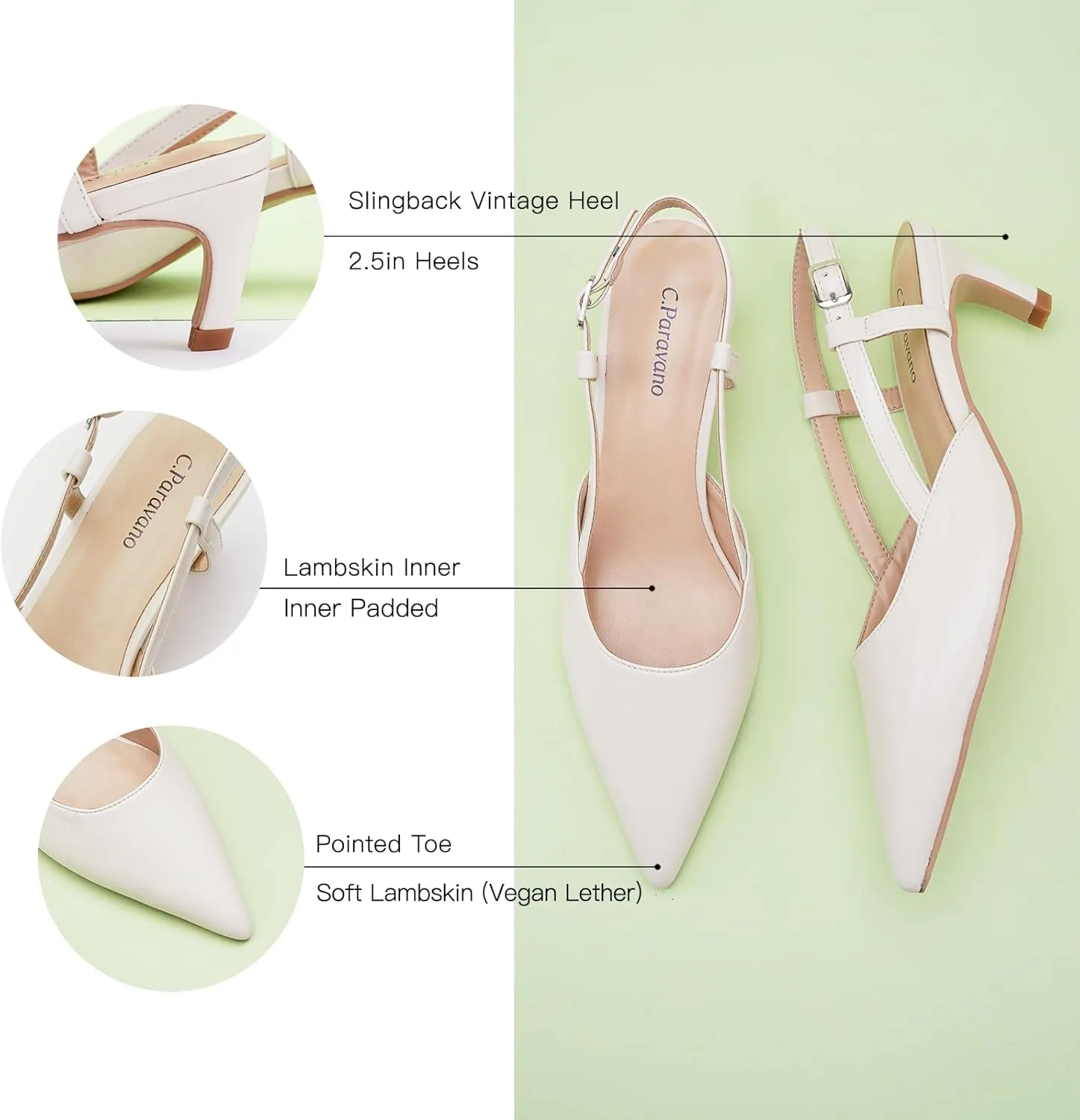 C.Paravano Beige Slingback Heels for Women - Pointed Toe, Stiletto Heels, Slip On Work Pumps, Dress Shoes