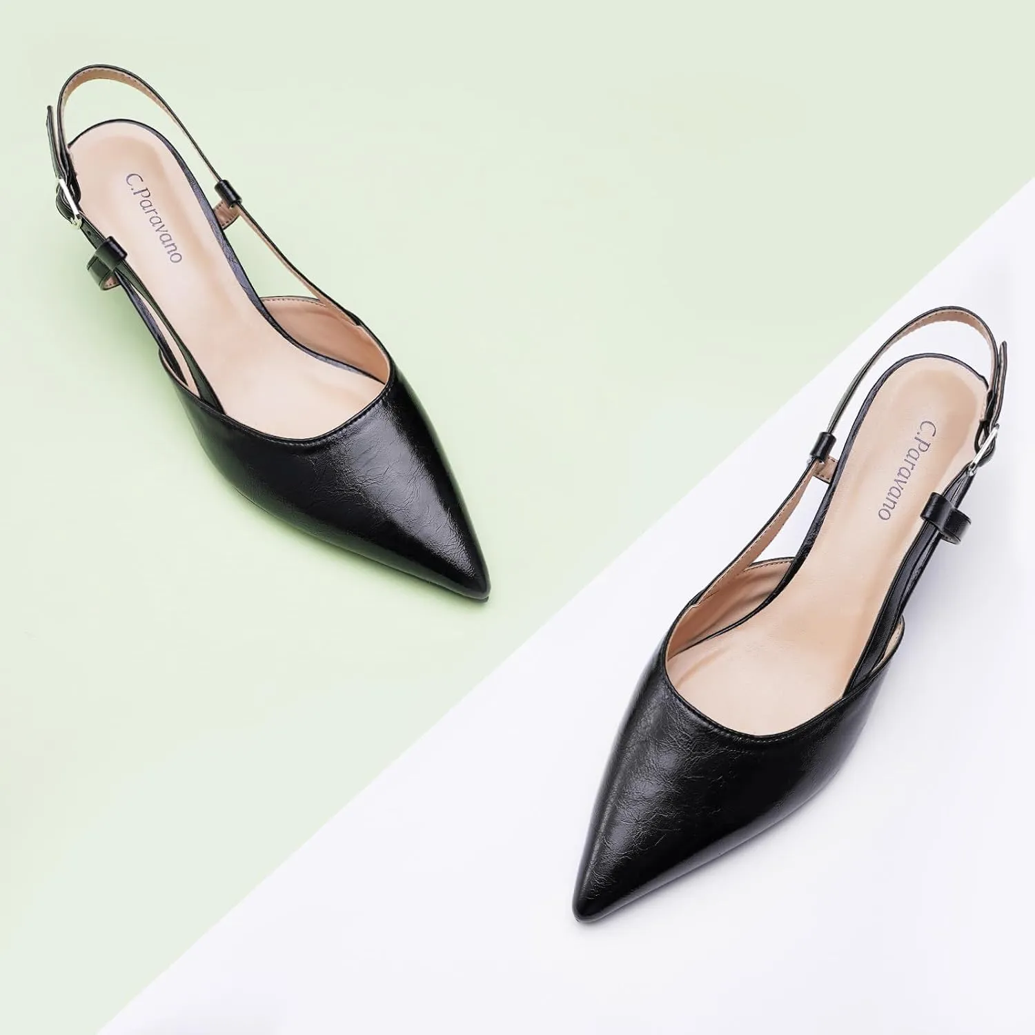 C.Paravano Beige Slingback Heels for Women - Pointed Toe, Stiletto Heels, Slip On Work Pumps, Dress Shoes