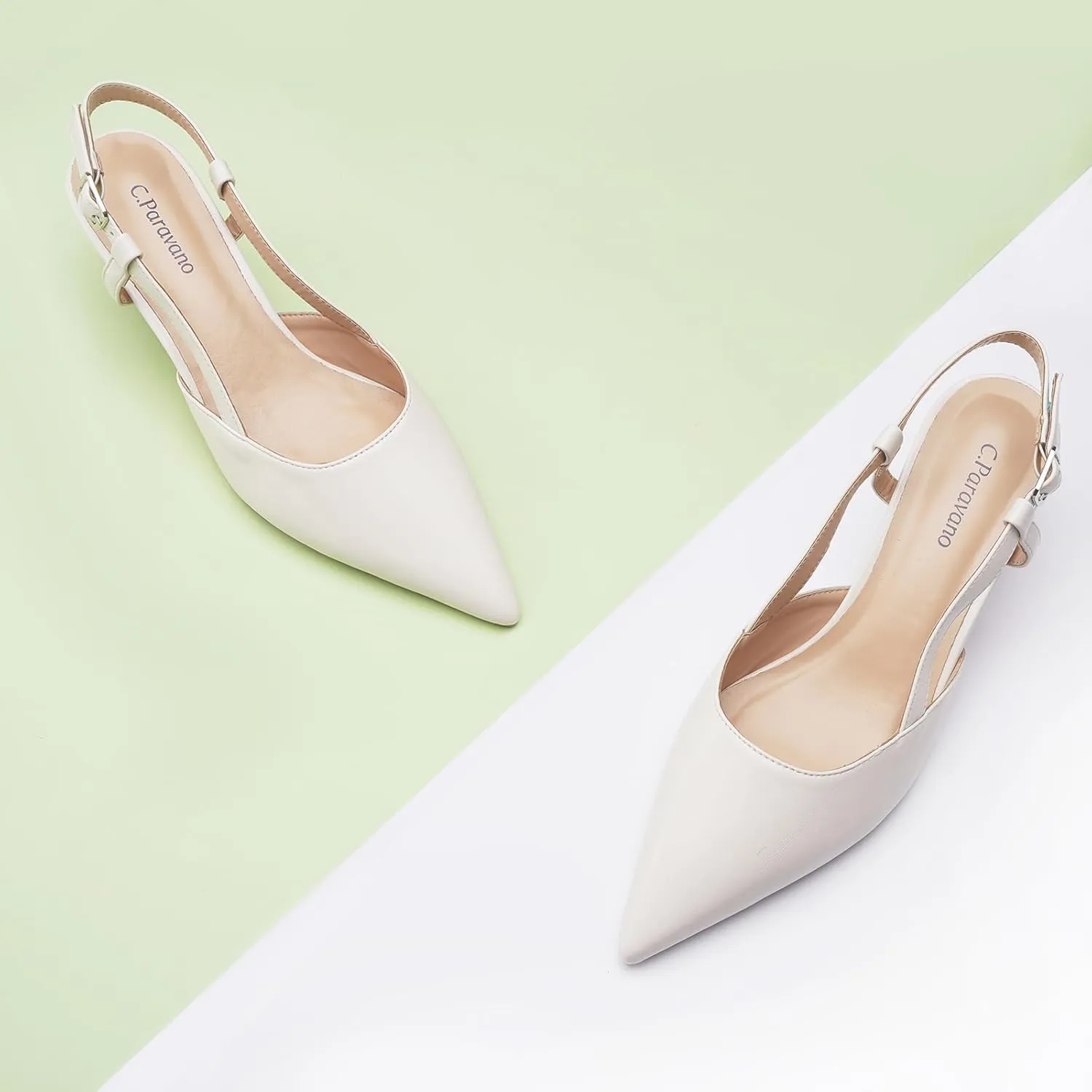 C.Paravano Beige Slingback Heels for Women - Pointed Toe, Stiletto Heels, Slip On Work Pumps, Dress Shoes