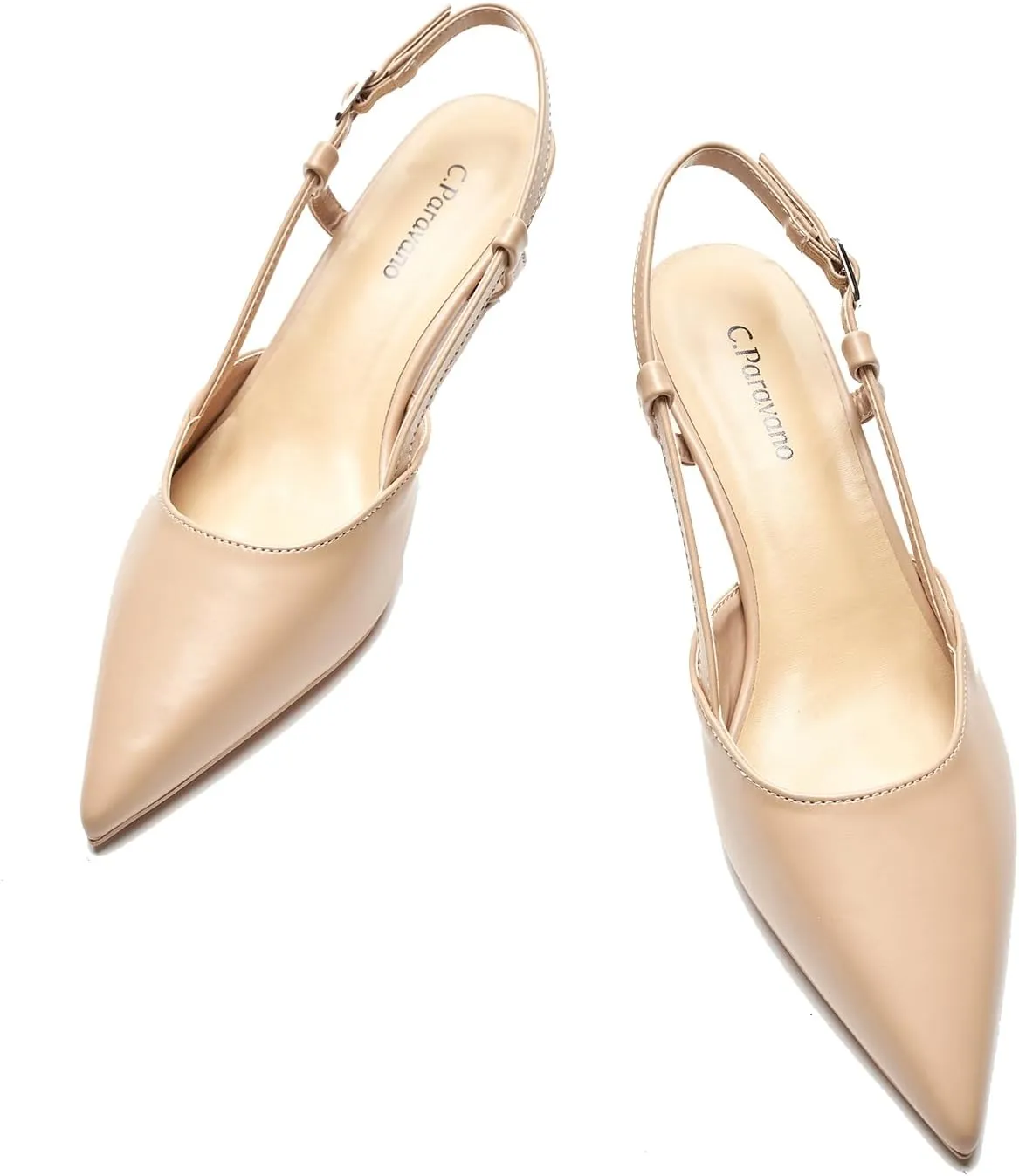 C.Paravano Beige Slingback Heels for Women - Pointed Toe, Stiletto Heels, Slip On Work Pumps, Dress Shoes