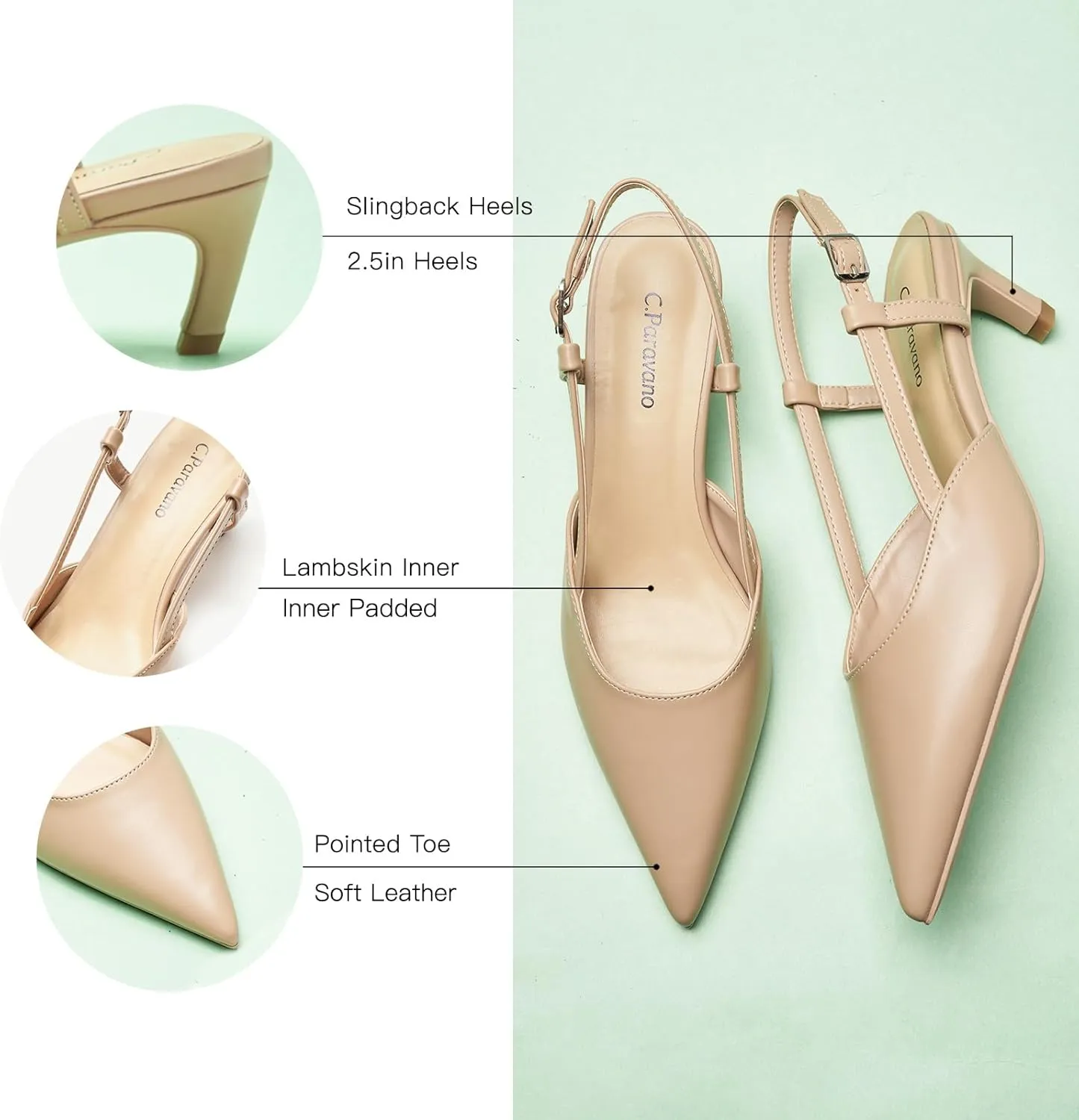 C.Paravano Beige Slingback Heels for Women - Pointed Toe, Stiletto Heels, Slip On Work Pumps, Dress Shoes