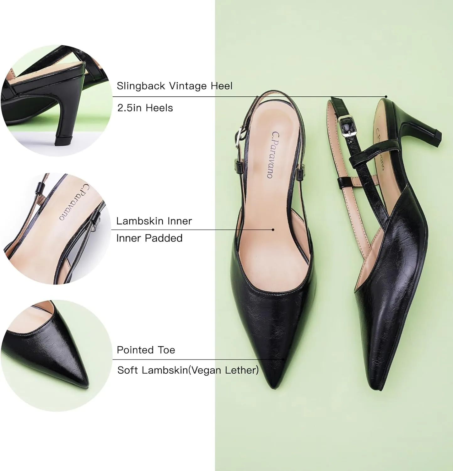 C.Paravano Beige Slingback Heels for Women - Pointed Toe, Stiletto Heels, Slip On Work Pumps, Dress Shoes