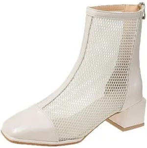 Cubicbee Women's Hollowed out Mesh Low Block Heel Ankle Boots,Breathable Round Toe Thick Heeled Mesh Boots,Fashionable Zippered Buttoned Dress Boot