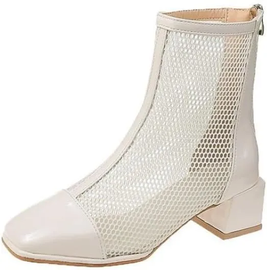 Cubicbee Women's Hollowed out Mesh Low Block Heel Ankle Boots,Breathable Round Toe Thick Heeled Mesh Boots,Fashionable Zippered Buttoned Dress Boot