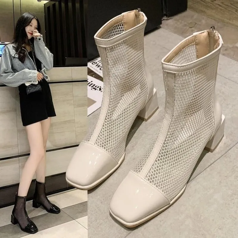 Cubicbee Women's Hollowed out Mesh Low Block Heel Ankle Boots,Breathable Round Toe Thick Heeled Mesh Boots,Fashionable Zippered Buttoned Dress Boot