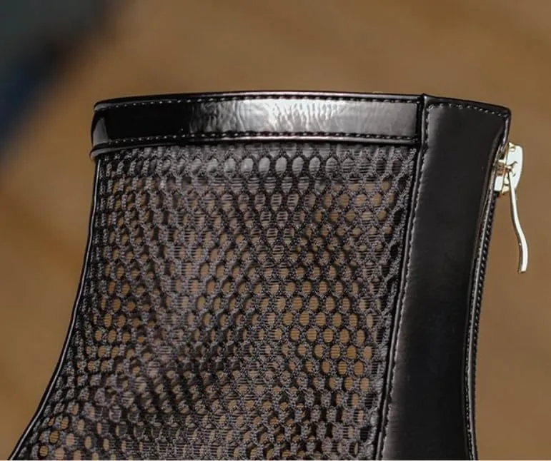 Cubicbee Women's Hollowed out Mesh Low Block Heel Ankle Boots,Breathable Round Toe Thick Heeled Mesh Boots,Fashionable Zippered Buttoned Dress Boot