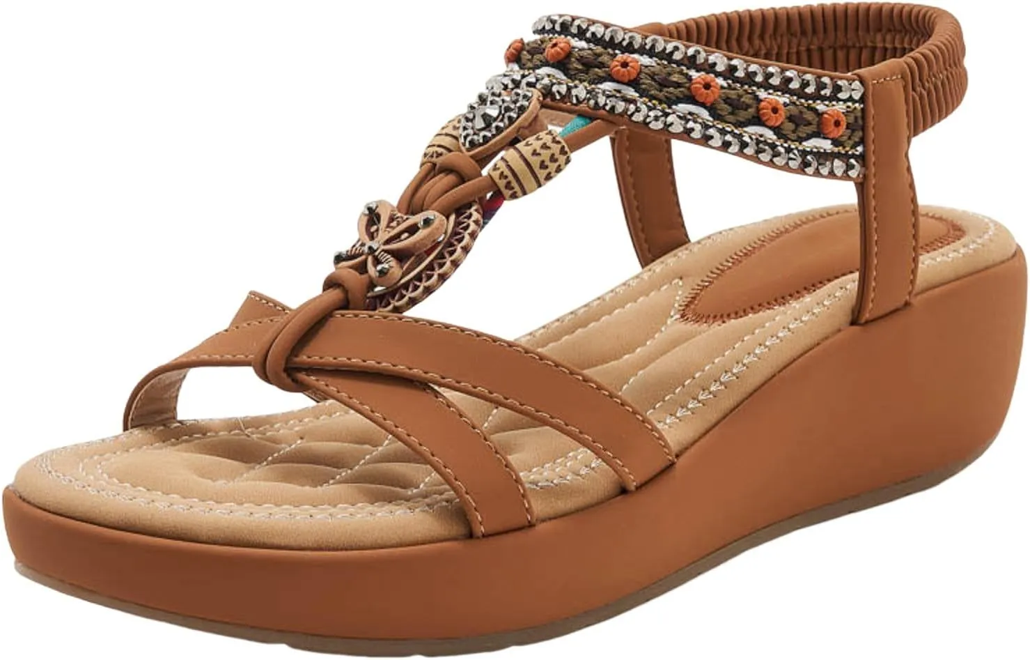 Eduavar Sandals for Women 2025 Comfort Dress Summer Shoes Walking Casual Beach Dressy Jeweled Bohemian with Elastic Strap