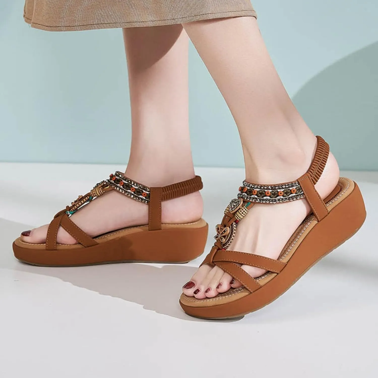 Eduavar Sandals for Women 2025 Comfort Dress Summer Shoes Walking Casual Beach Dressy Jeweled Bohemian with Elastic Strap