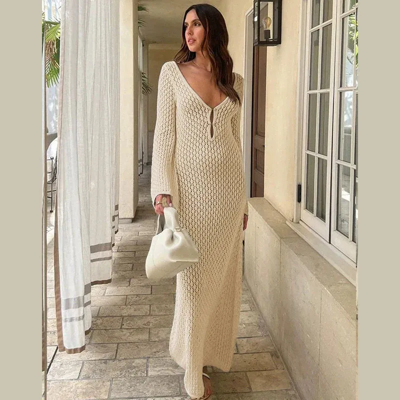 EllaAura Elegant V-Neck Sheer Evening Dress