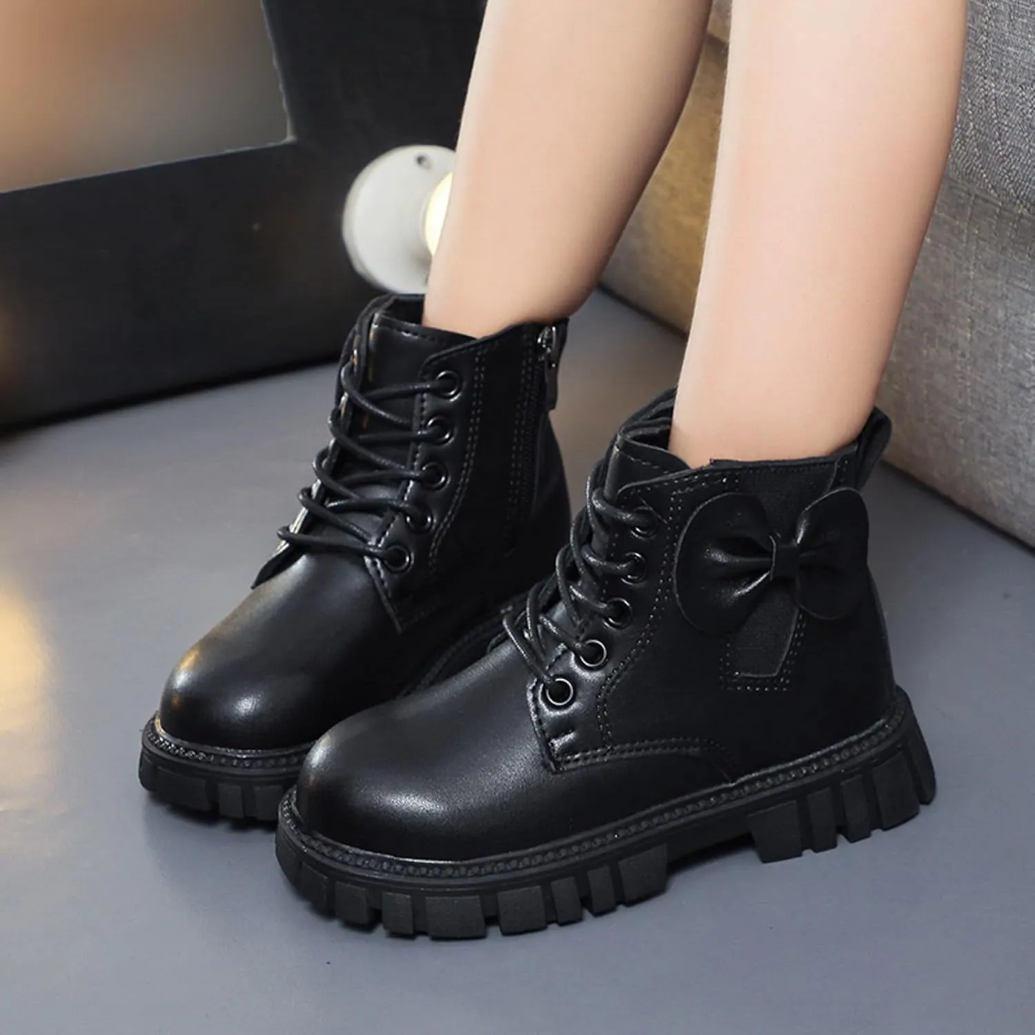 Fashion Non Slip Ankle Boots Lace up Lug Sole Side Zipper Outdoor Booties Kids Cowboy Boots Toddler Boots
