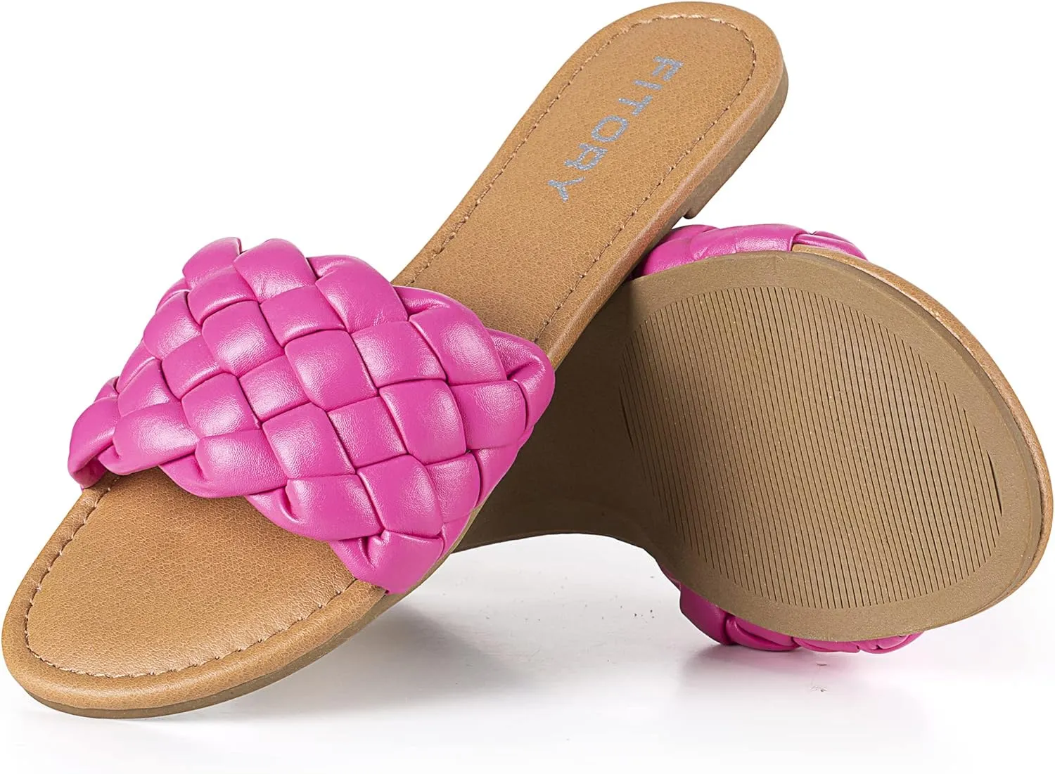 FITORY Womens Flat Sandals Fashion Round Open Toe Slip On Slides with Braided Strap Slippers for Summer Size 6-11