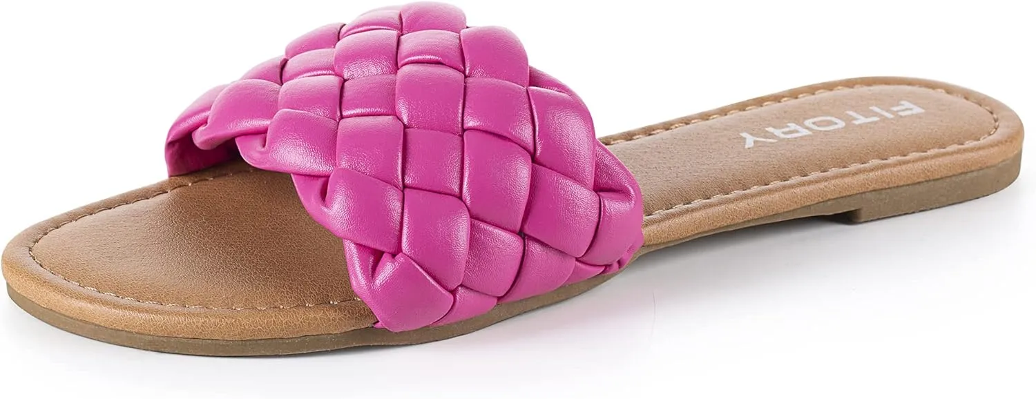 FITORY Womens Flat Sandals Fashion Round Open Toe Slip On Slides with Braided Strap Slippers for Summer Size 6-11