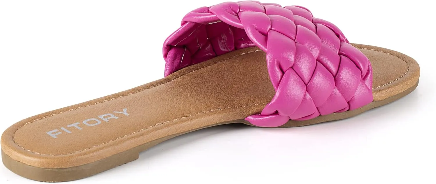 FITORY Womens Flat Sandals Fashion Round Open Toe Slip On Slides with Braided Strap Slippers for Summer Size 6-11