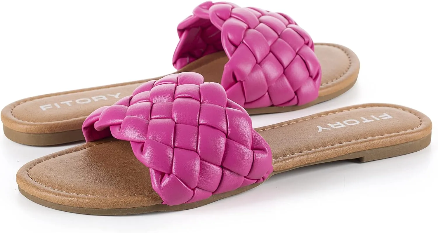 FITORY Womens Flat Sandals Fashion Round Open Toe Slip On Slides with Braided Strap Slippers for Summer Size 6-11