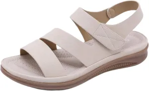 Flat Sandals for Women Vintage Leather Vamp Arch Support Sandals Open Toe Slip-On Shoes Magic Tape Ankle Strap Flats Cushion Comfortable Footbed Summer Shoes