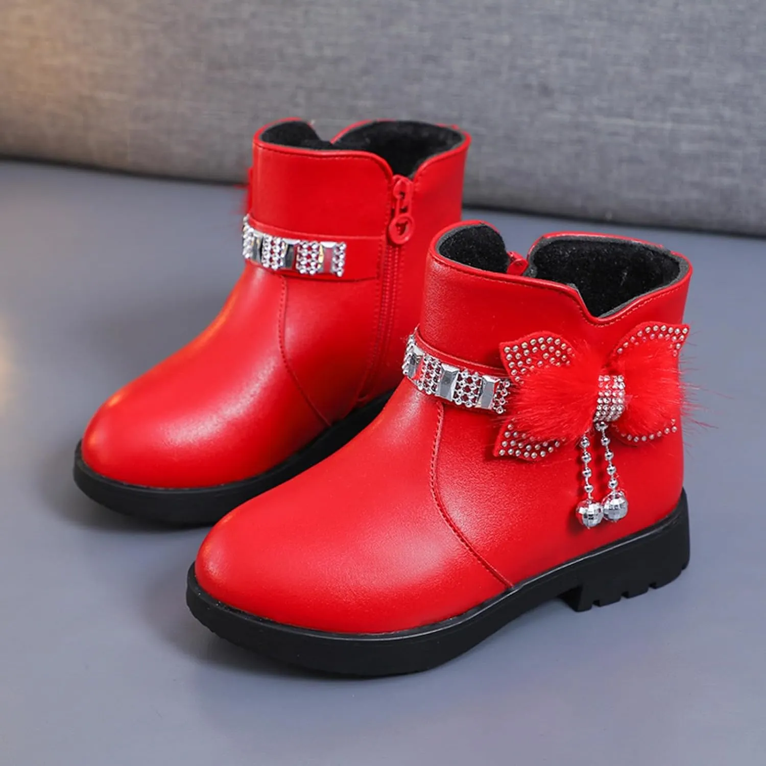 Girls Ankle Boots Kids Ankle Booties Comfortable Slip on Lug Sole Short Booties Side Zipper Bowknot Ankle Boots