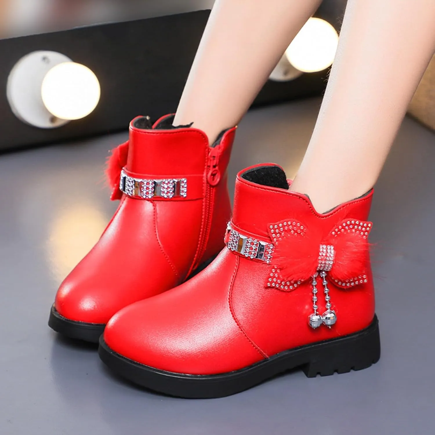 Girls Ankle Boots Kids Ankle Booties Comfortable Slip on Lug Sole Short Booties Side Zipper Bowknot Ankle Boots