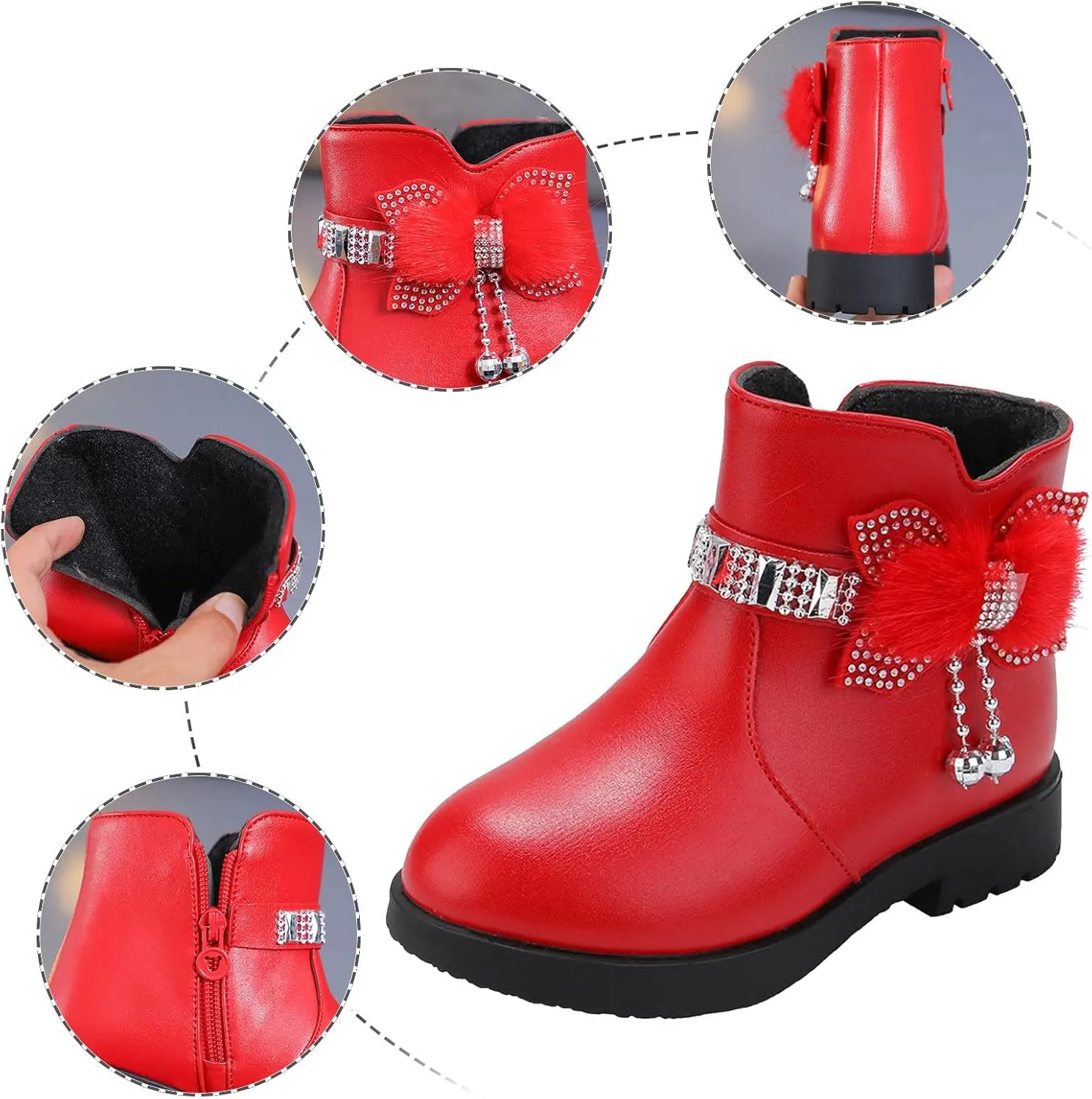Girls Ankle Boots Kids Ankle Booties Comfortable Slip on Lug Sole Short Booties Side Zipper Bowknot Ankle Boots