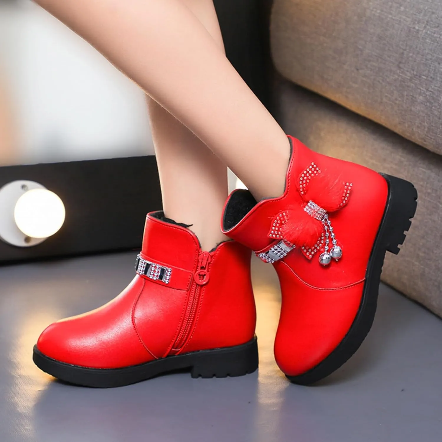 Girls Ankle Boots Kids Ankle Booties Comfortable Slip on Lug Sole Short Booties Side Zipper Bowknot Ankle Boots