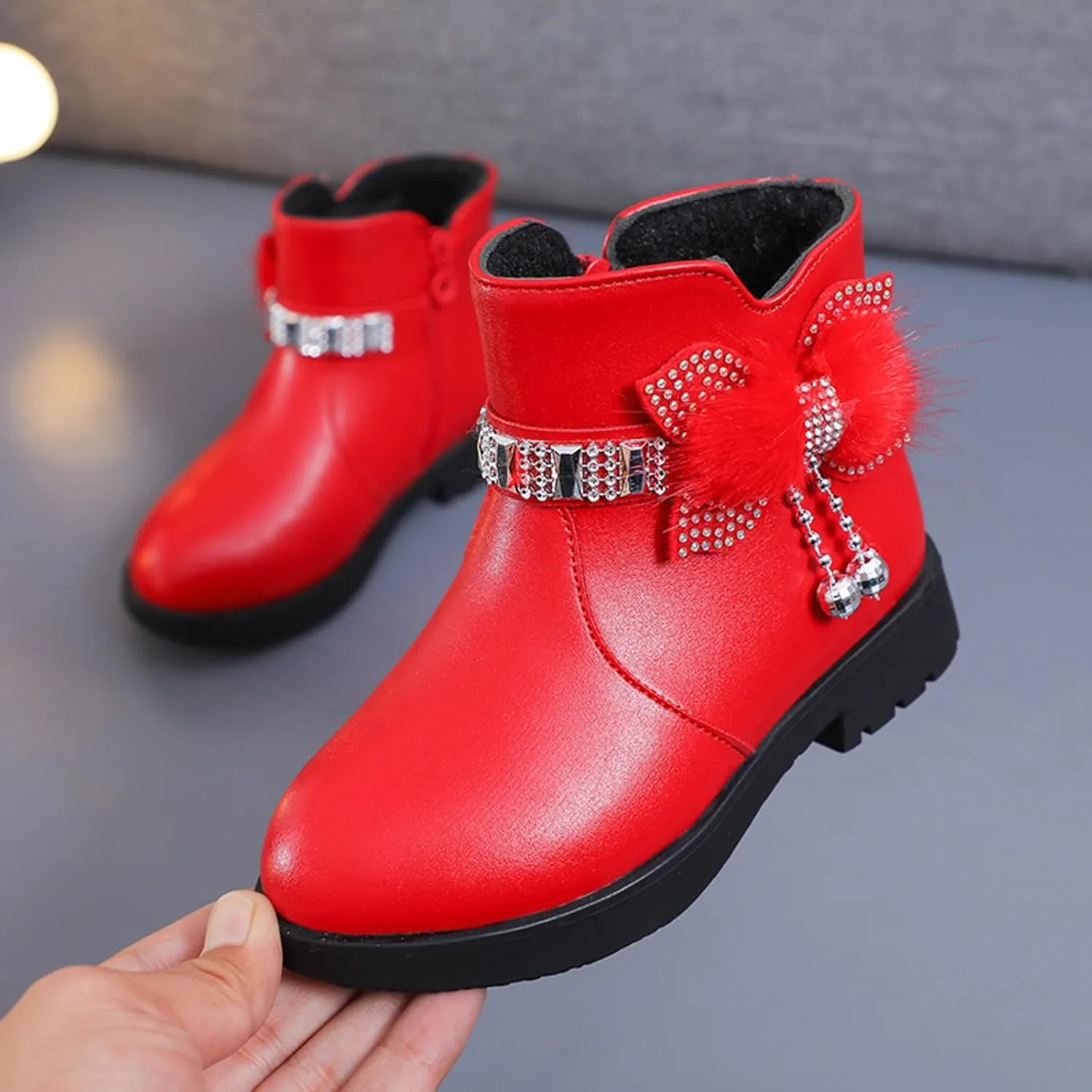 Girls Ankle Boots Kids Ankle Booties Comfortable Slip on Lug Sole Short Booties Side Zipper Bowknot Ankle Boots