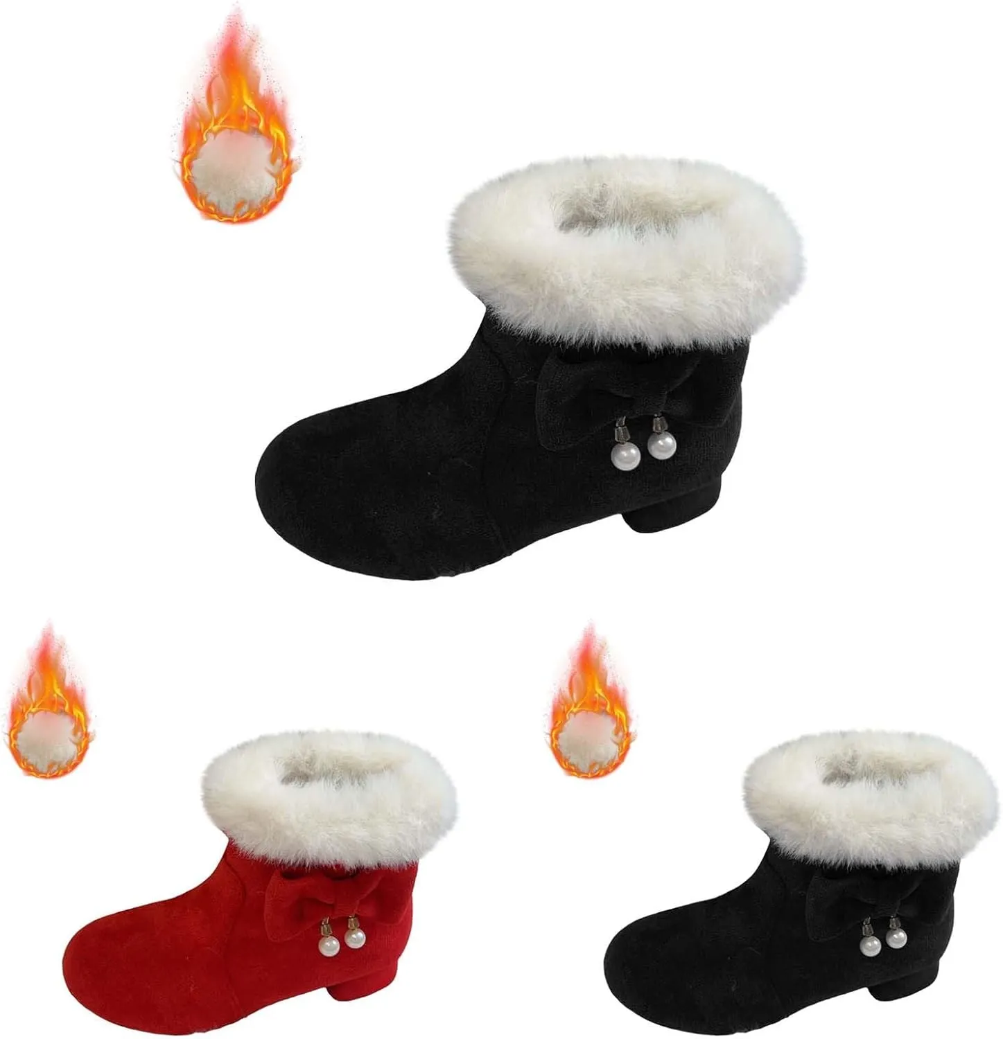 Girls Low Heel Snow Boots Faux Fr Anti Slip Mid Calf Warm Padded Ankle Boots Winter Outdoor Fashion Fuzzy Shoes