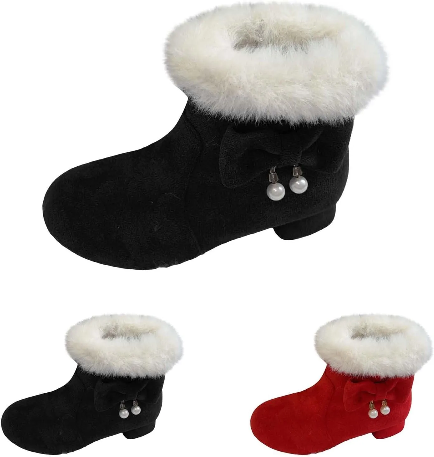 Girls Low Heel Snow Boots Faux Fr Anti Slip Mid Calf Warm Padded Ankle Boots Winter Outdoor Fashion Fuzzy Shoes
