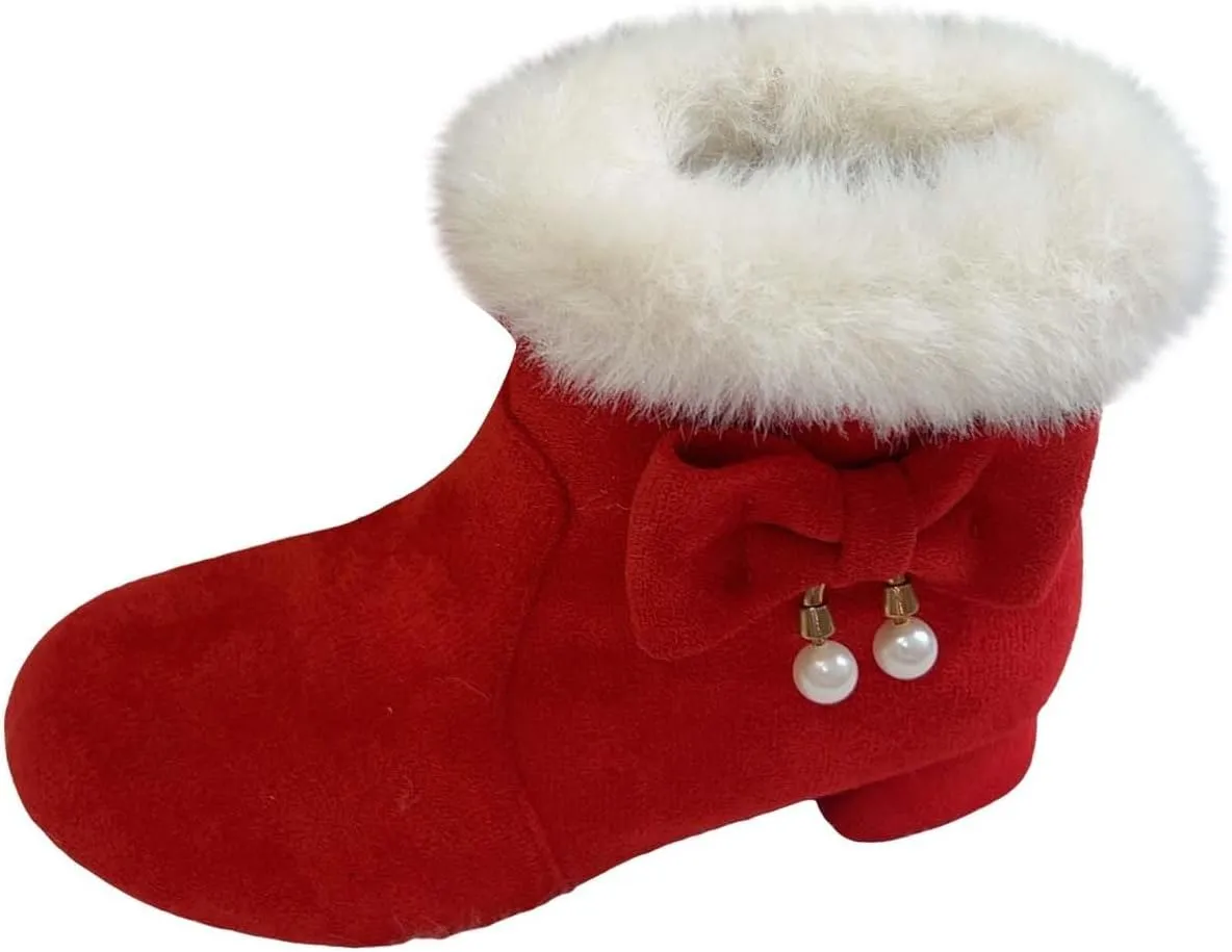Girls Low Heel Snow Boots Faux Fr Anti Slip Mid Calf Warm Padded Ankle Boots Winter Outdoor Fashion Fuzzy Shoes